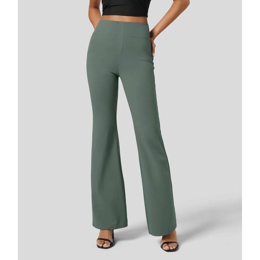 Halara High Waisted Flare Leg Yoga Pants Sage Green Small Pockets Athleisure